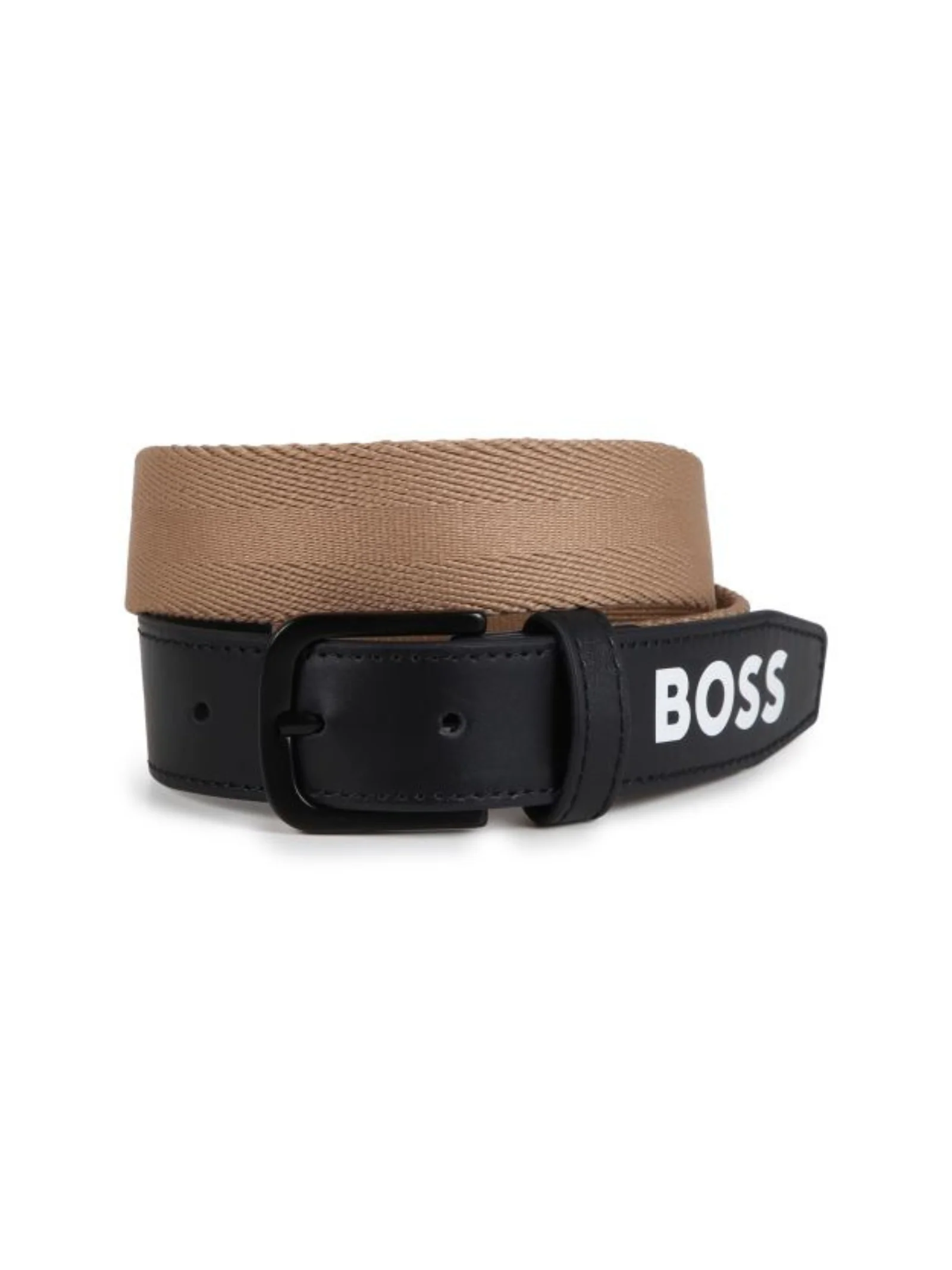 Cintura Boss in pelle nera e tessuto intrecciato beige