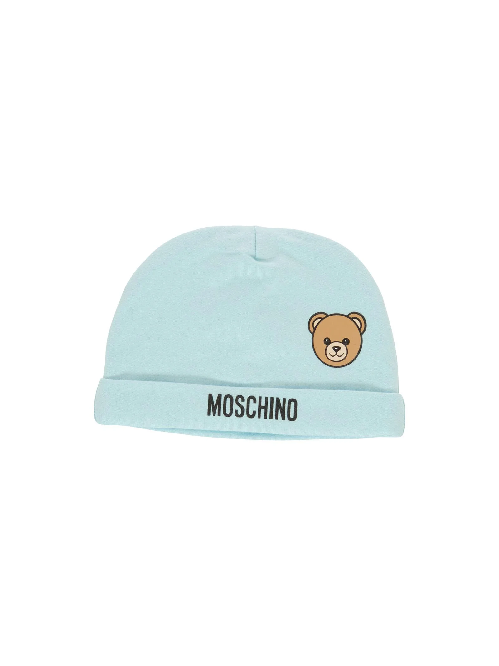 Cappello Moschino azzurro con logo lettering e teddy