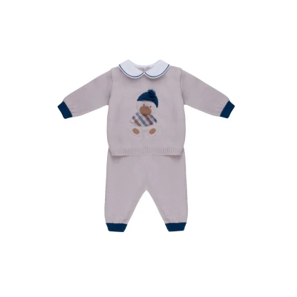 Completo tricot Marlù beige con inserti blu