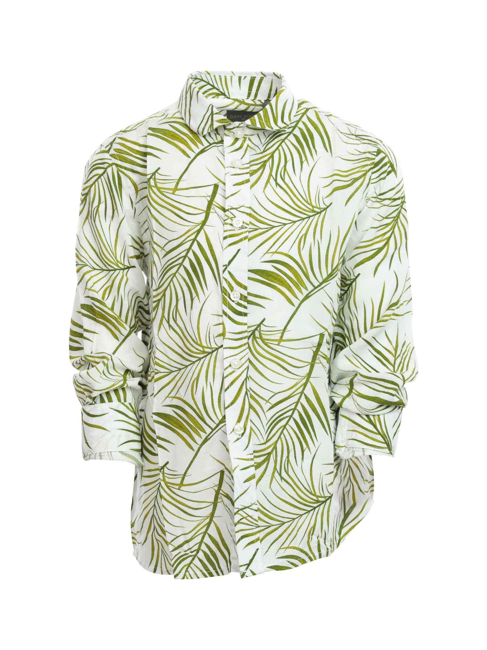 Camicia a manica lunga bianca con fantasia foglie