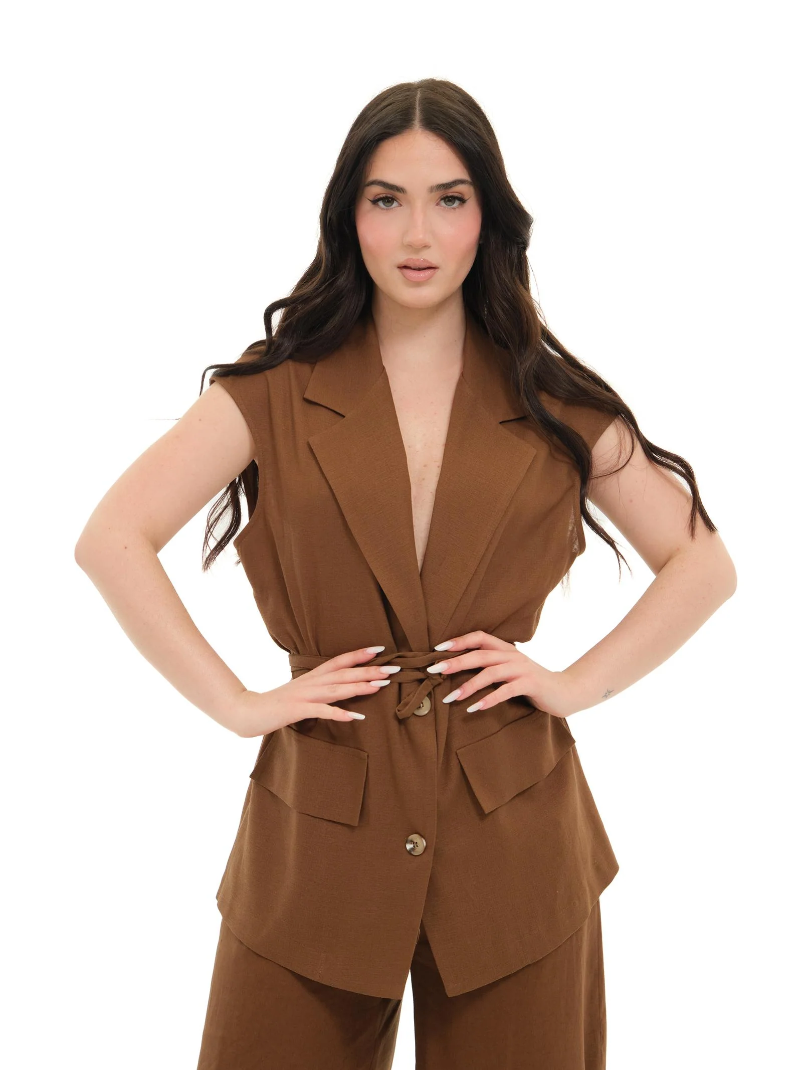 Gilet lungo Armoire in misto lino cioccolato
