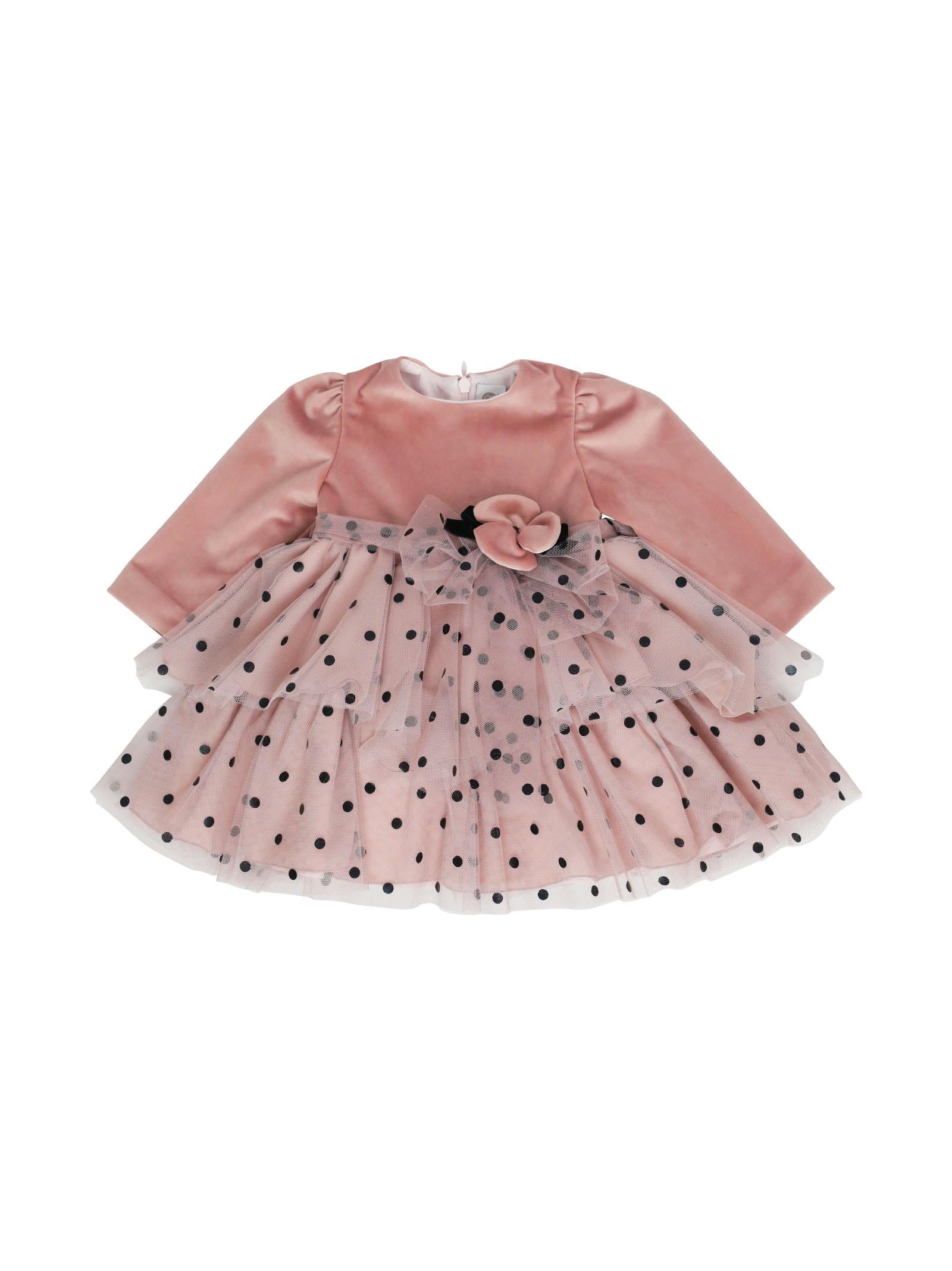 Abito rosa scamosciato con tulle a pois