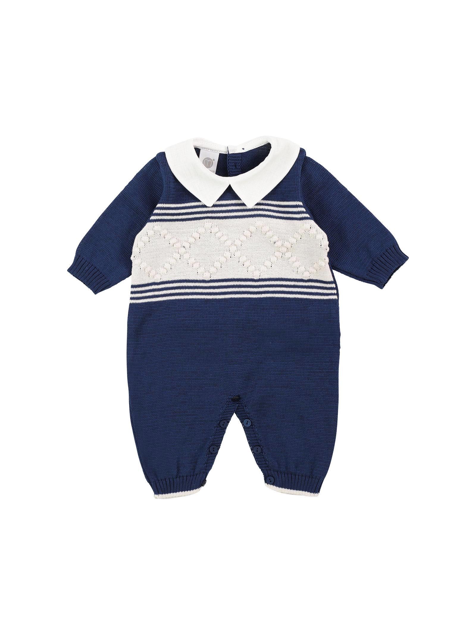 Tutina blu e natural bio con rombi ricamati