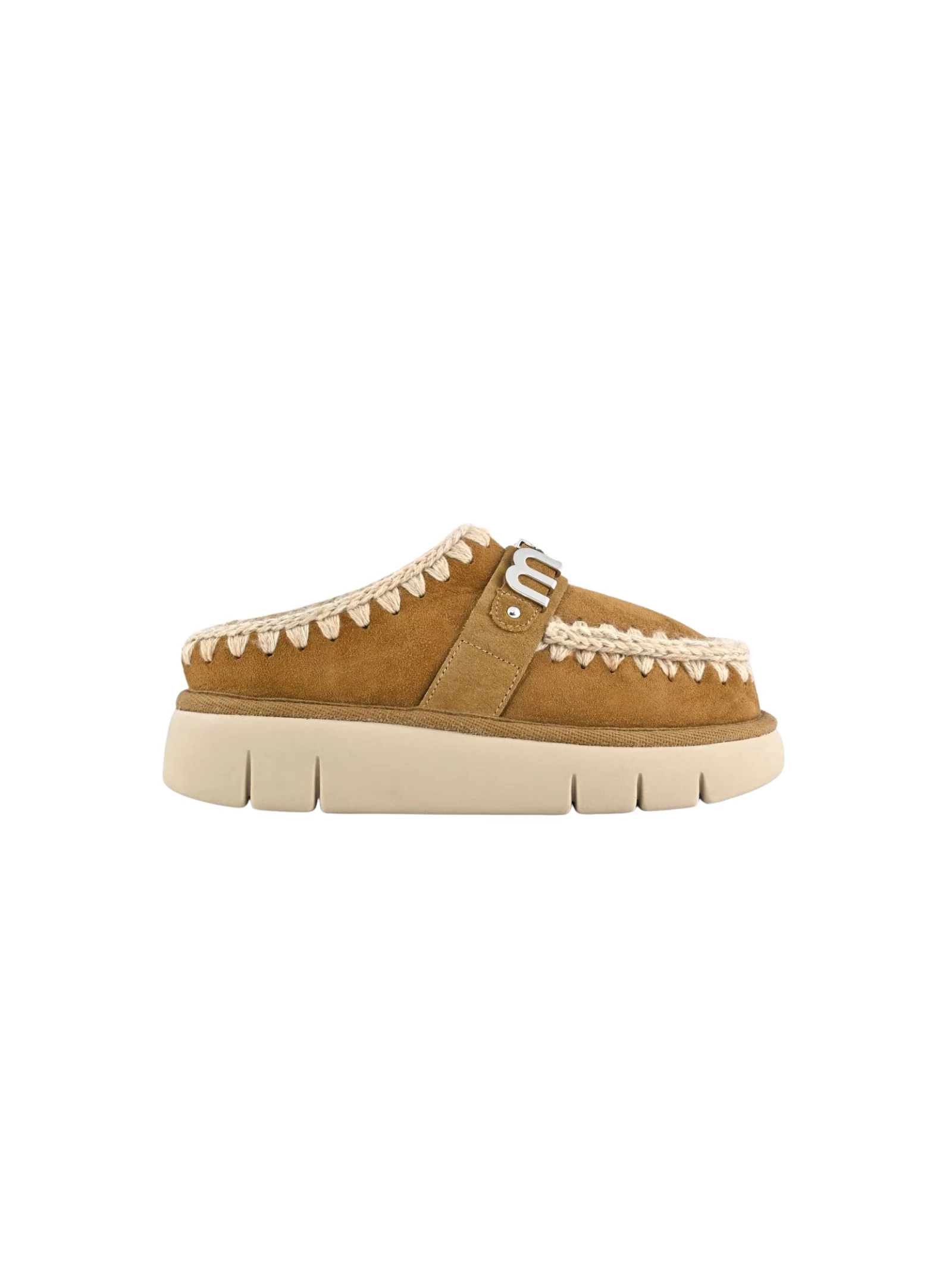 Mou " Bounce Clog Suede - Letter Logo" cognac